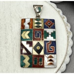 Peruvian 950 Mixed Semi-precious Gemstone Inlay Mosaic pendant 21.18G/2.5in